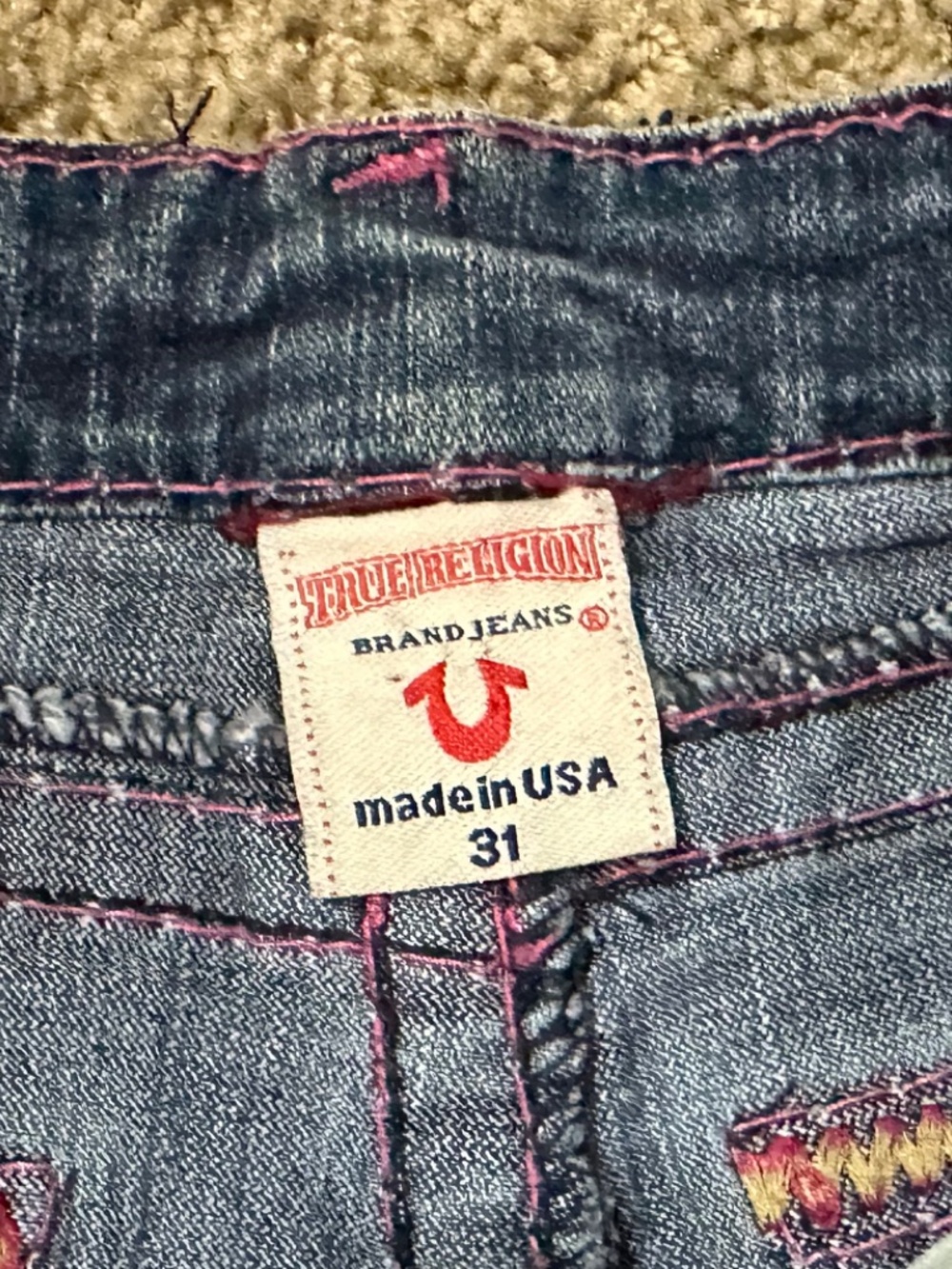 HTF True Religion JOEY Pink Stitch & Rainbow Embroidered Jeans Size 31 - Picture 7 of 7
